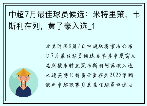 中超7月最佳球员候选：米特里策、韦斯利在列，黄子豪入选_1
